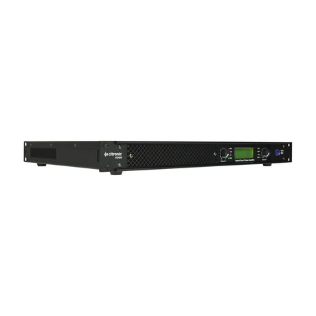 Citronic H2400 Hybrid Class-H rack-mount power amplifier with LCD display, two channel knobs and blue power button, shown on a white background.