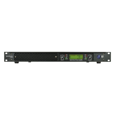 Front view of the Citronic H2400 Hybrid Amplifier 2x900W @ 4ohm in black, showcasing a gridded ventilation section, multiple control knobs, a digital display, and a power button. The Citronic brand is visible on the left side, indicating its class-H architecture for efficient sound reinforcement.