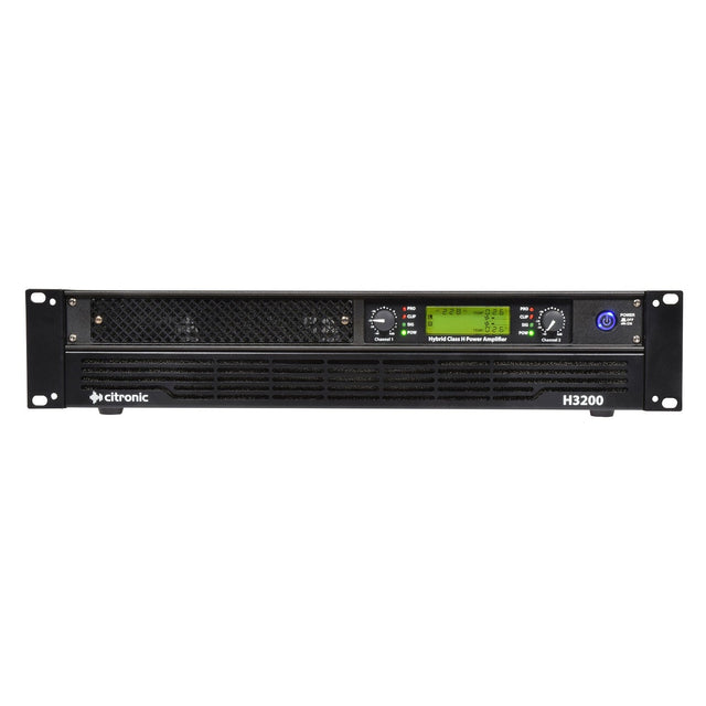 Front view of a Citronic H3200 Hybrid Amplifier 2x1200W @4ohm in black, showcasing ventilation grills, control knobs, and a green display screen. Ideal for rack mounting in sound reinforcement systems with its advanced class-H architecture for optimal performance.