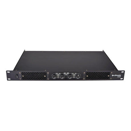 The stylish black Citronic D4200 Quad Amplifier 4 x 200W RMS showcases intuitive front panel controls with knobs and buttons, enhanced by ventilation grilles on both sides. Featuring efficient class-D amplification, this product displays the brand logo on the right and is built for straightforward rack-mounting.