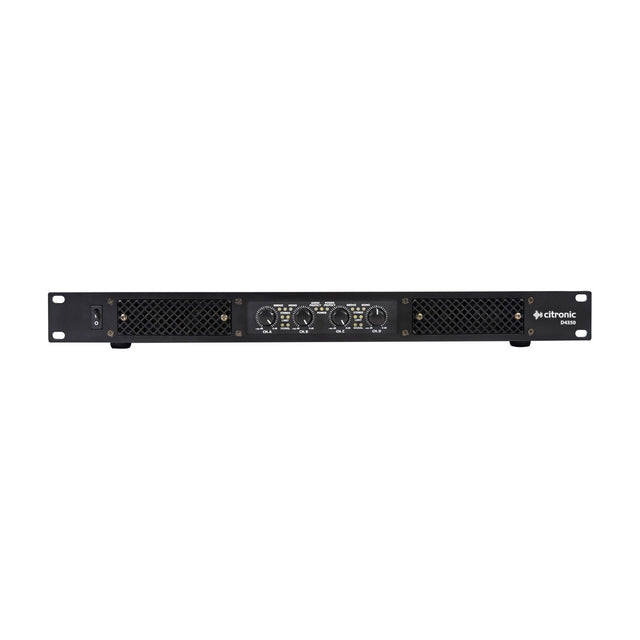 Citronic D4350 1U rack-mount quad power amplifier with four channel knobs, ventilation grilles and power switch on a black front panel.
