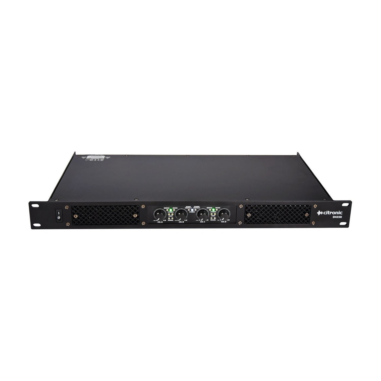 Citronic D4350 1U rack-mount quad power amplifier with four channel volume knobs, status LEDs, side vents and power switch on a white background.