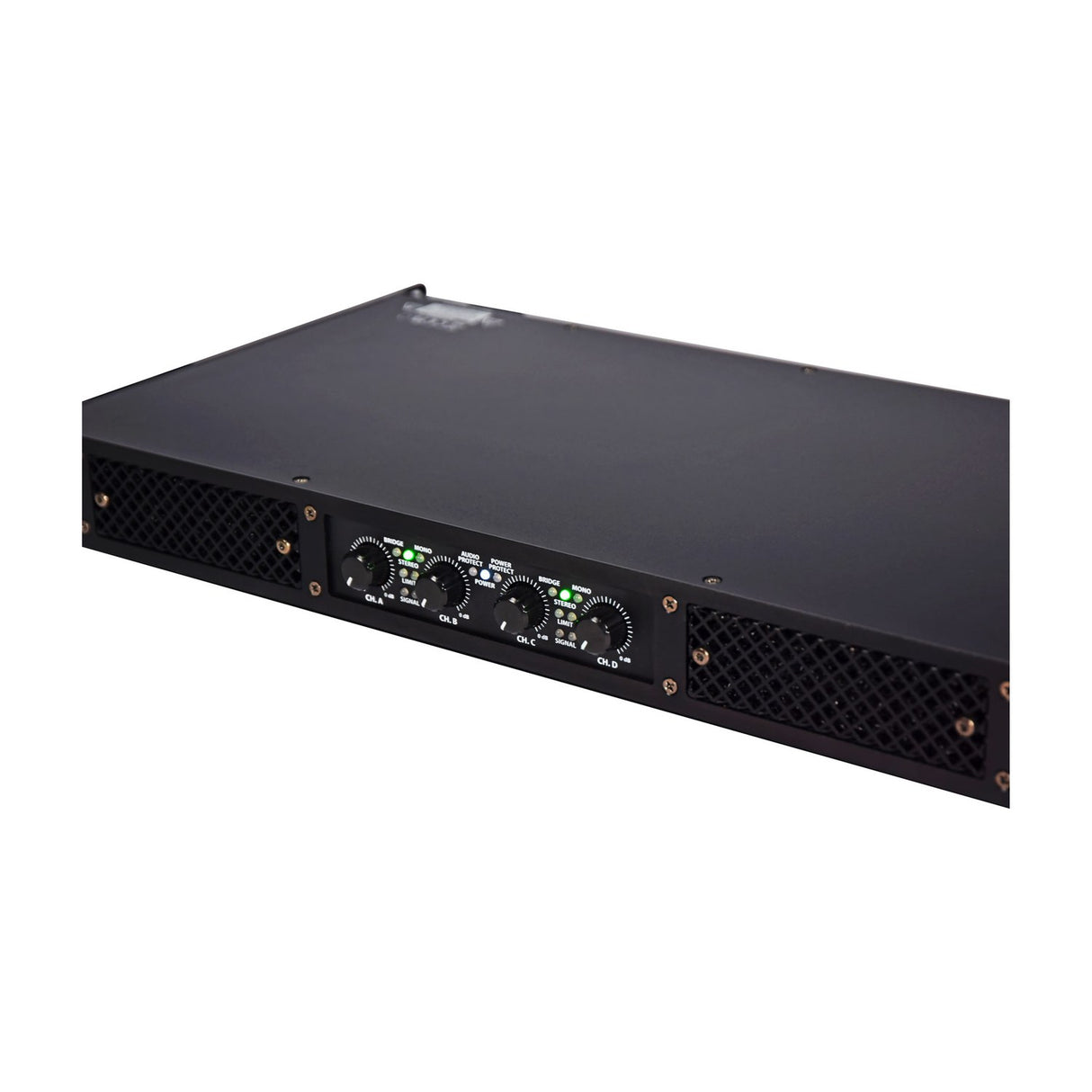 Citronic D4350 quad power amplifier in a 1U black rack case with four channel knobs, status LEDs, and side vent grilles on a white background.