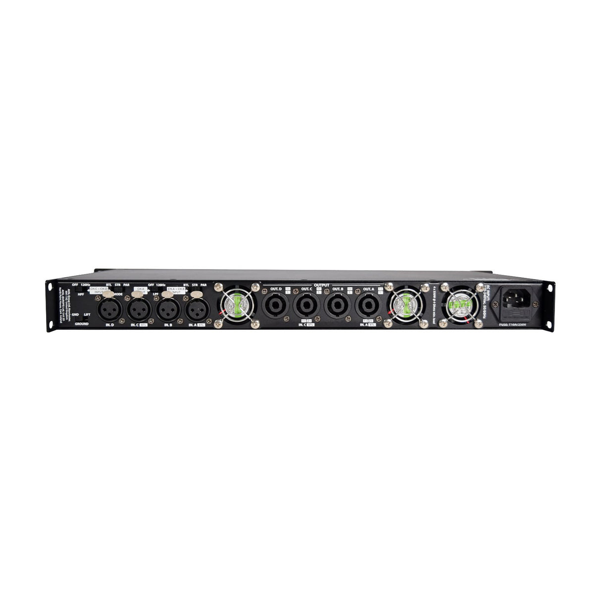 Rear panel of the Citronic D4350 quad power amplifier by AVSL, showing four XLR inputs, four SPK outputs, mode switches, cooling fans, and IEC power inlet.