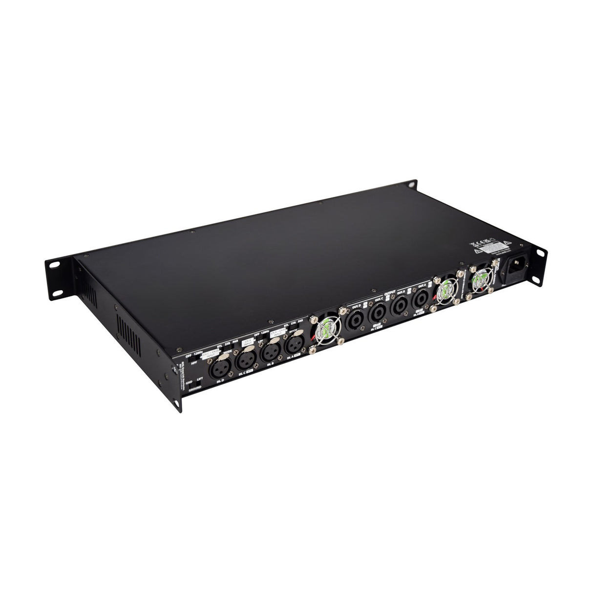 Rear view of Citronic D4350 1U rack-mount quad power amplifier by AVSL, showing four XLR inputs, four SPK outputs, cooling fans and IEC power inlet.