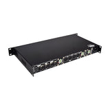 Rear view of Citronic D4350 1U rack-mount quad power amplifier by AVSL, showing four XLR inputs, four SPK outputs, cooling fans and IEC power inlet.