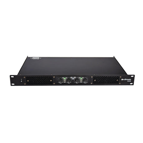 Front view of the Citronic D4350 Quad Amplifier 4 x 350W RMS, a black electronic audio amplifier, showcasing energy-efficient class-D amplification with a rack mount design. It features multiple dials and indicators on the front panel, with the brand name motrtonic visible.