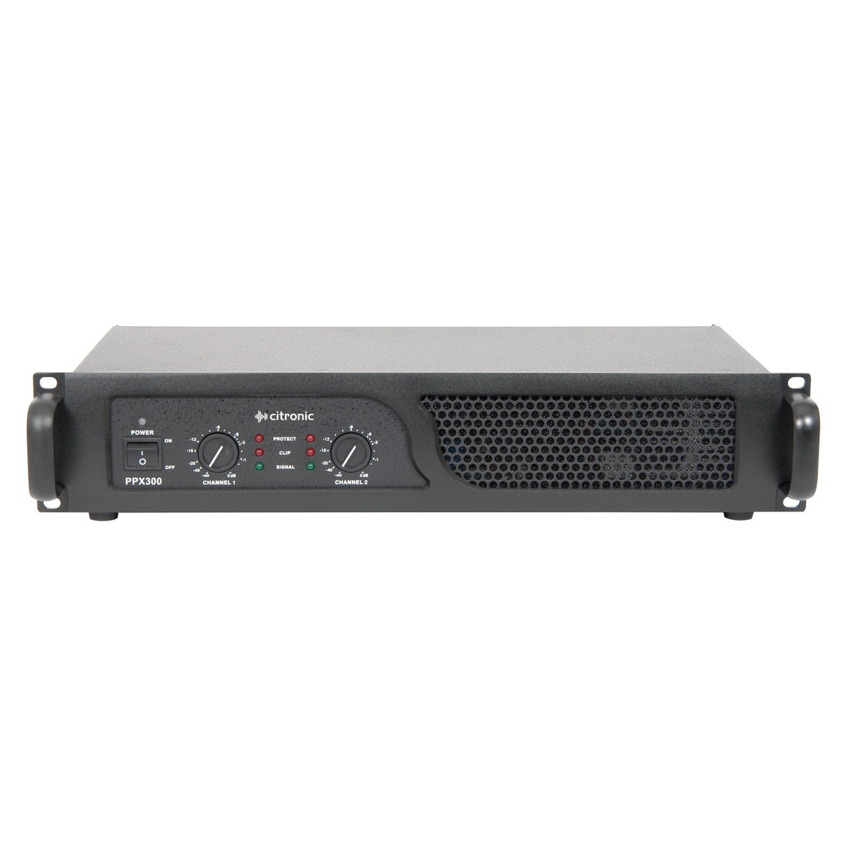 Front view of a black Citronic PPX300 Power Amplifier with control knobs, LED indicators, and a ventilation grille. Ideal for audio equipment, this rackmount power amplifier features handles on each side and incorporates fan cooling for efficient operation.