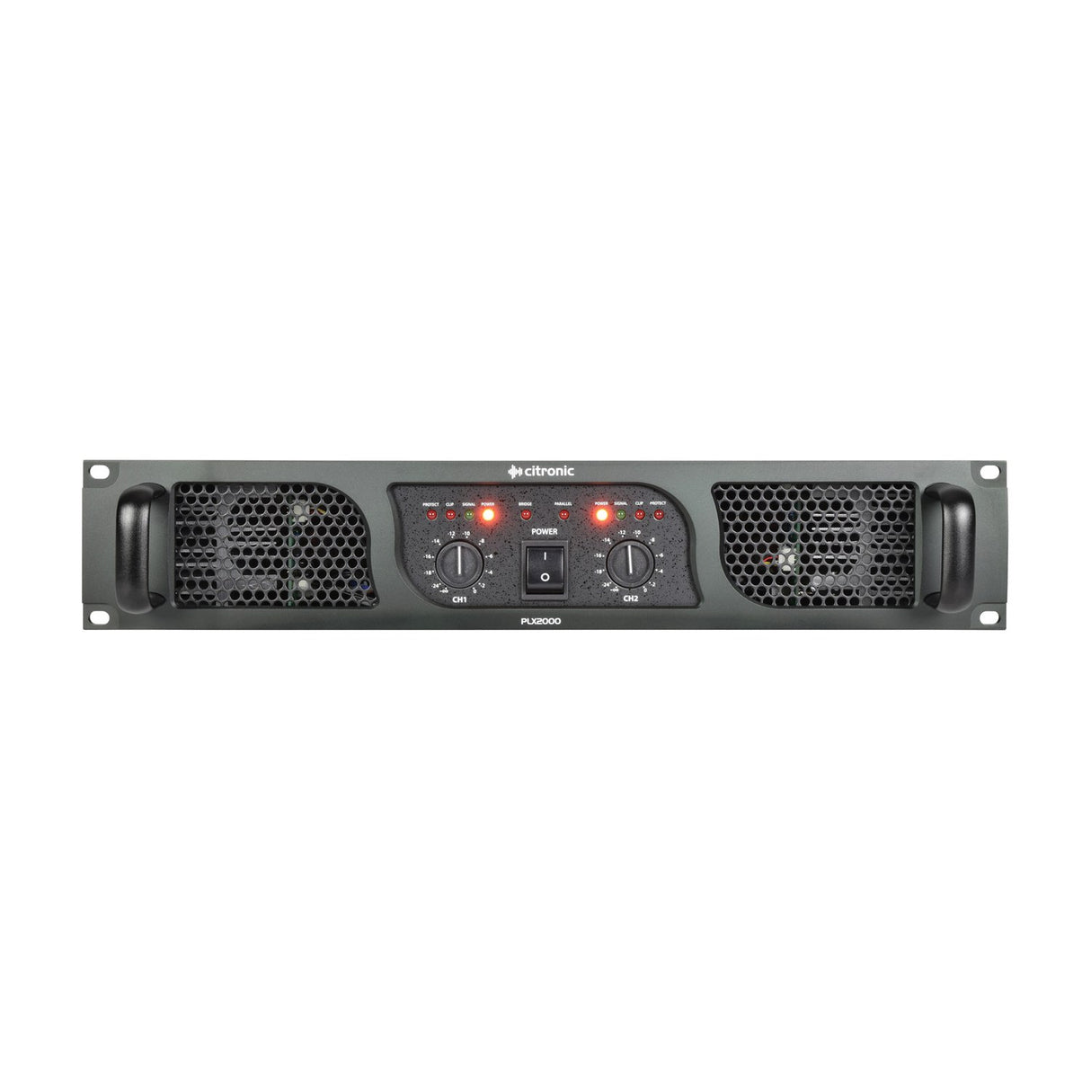 Citronic PLX2000 2U rackmount power amplifier with dual channel level knobs, power switch, status LEDs, mesh vents, and side handles on white.