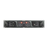 Citronic PLX2000 2U rackmount power amplifier with dual channel level knobs, power switch, status LEDs, mesh vents, and side handles on white.