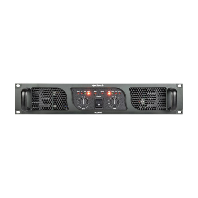 Citronic PLX2000 2U rackmount power amplifier with dual channel level knobs, power switch, status LEDs, mesh vents, and side handles on white.