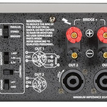 Rear panel of the Citronic PLX2000 2U rackmount power amplifier by AVSL, showing mode and sensitivity switches, Speakon outputs and red and black binding posts.