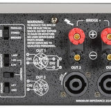 Rear panel of the Citronic PLX2000 2U rackmount power amplifier by AVSL, showing mode and sensitivity switches, Speakon outputs and red and black binding posts.