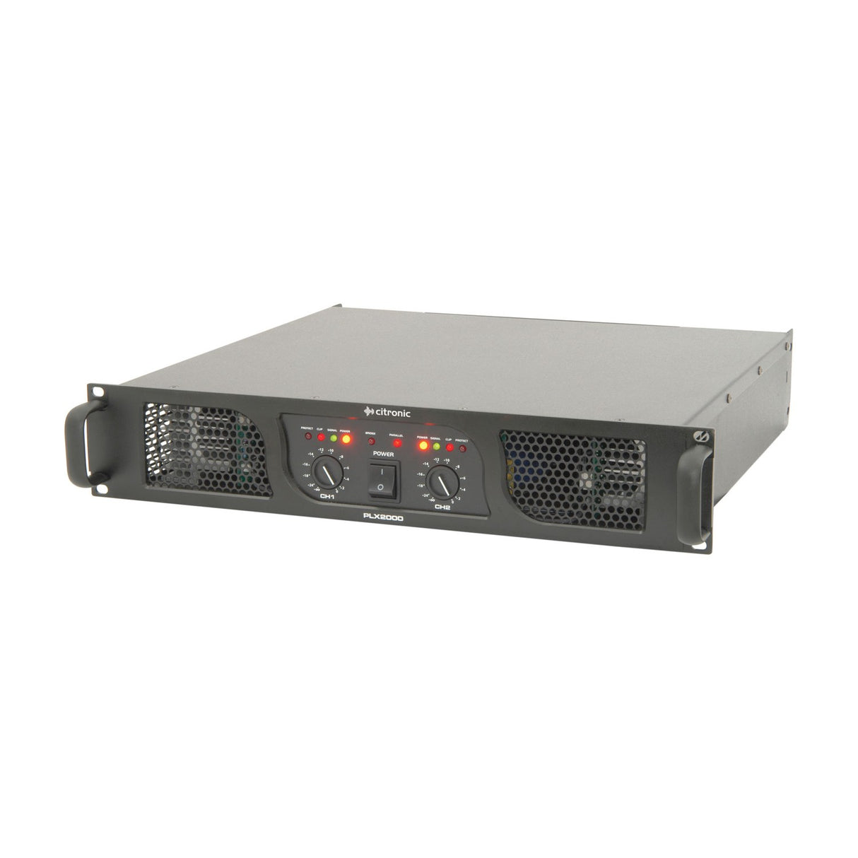 Citronic PLX2000 2U rackmount power amplifier with dual channel level knobs, central power switch, status LEDs and mesh-vented fan grilles in black.