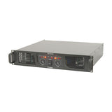 Citronic PLX2000 2U rackmount power amplifier with dual channel level knobs, central power switch, status LEDs and mesh-vented fan grilles in black.