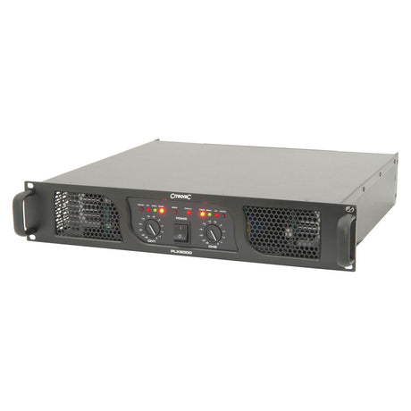 The Citronic PLX2000 Power Amplifier, 2 x 700W @ 4 Ohms, is a black rack-mounted audio amplifier featuring class H architecture. It comes with a control panel that includes two large knobs, various buttons, and indicator lights. The front panel is designed with ventilation grills on both sides and dual fan cooling to ensure optimal performance.