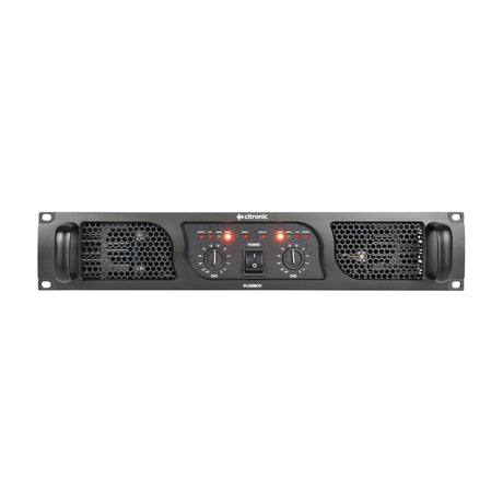 Citronic PLX2800 Class H 2U rackmount power amplifier in black with dual channel level knobs, power switch, LED indicators and side vents.