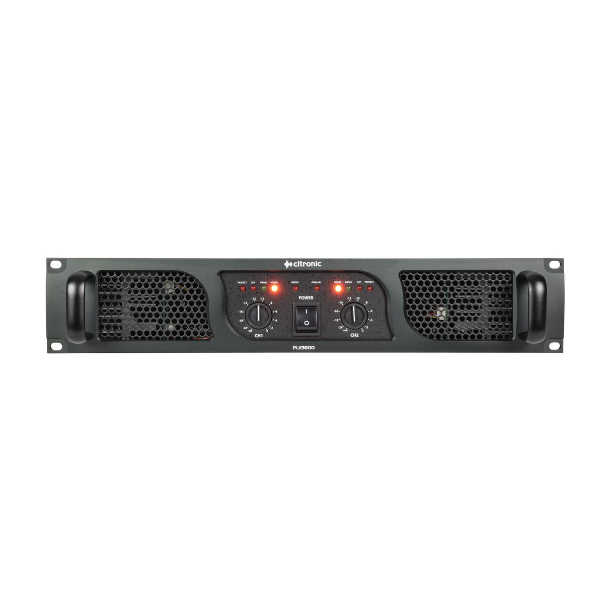 Citronic PLX3600 Class H 2U rackmount power amplifier with dual channel level dials, central power switch, LED indicators and mesh vents on a white background.