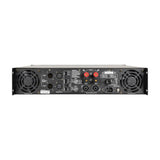 Rear panel of the Citronic PLX3600 Class H 2U rackmount power amplifier by AVSL, with XLR inputs, Speakon and binding post outputs, IEC socket and dual fans.