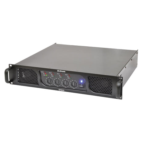 The Citronic QP1600 Quad Power Amplifier 4 x 400W, designed for multi-speaker installations, comes in black and features large handles on each side. The front panel is equipped with multiple control knobs, indicator lights, ventilation grilles, and balanced line inputs to ensure superior sound management.