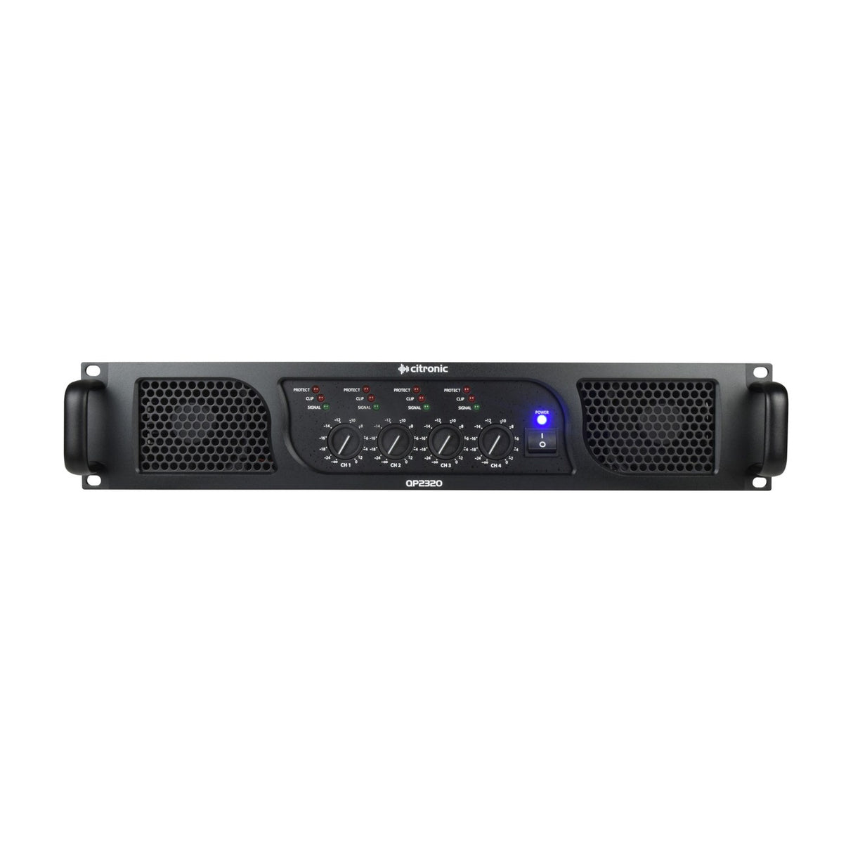 Citronic QP2320 4-channel quad power amplifier in a 2U black rack chassis with four gain dials, status LEDs, illuminated power switch and side vents.