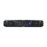Citronic QP2320 4-channel quad power amplifier in a 2U black rack chassis with four gain dials, status LEDs, illuminated power switch and side vents.
