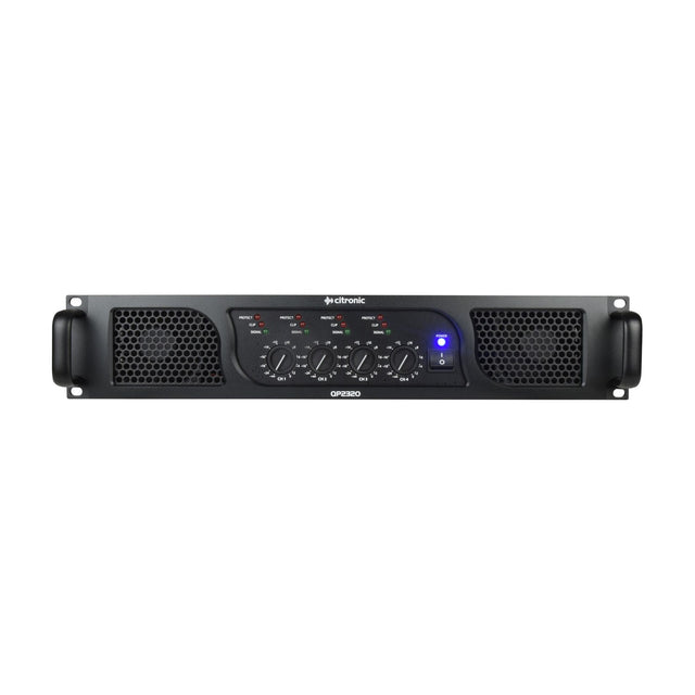 Citronic QP2320 4-channel quad power amplifier in a 2U black rack chassis with four gain dials, status LEDs, illuminated power switch and side vents.