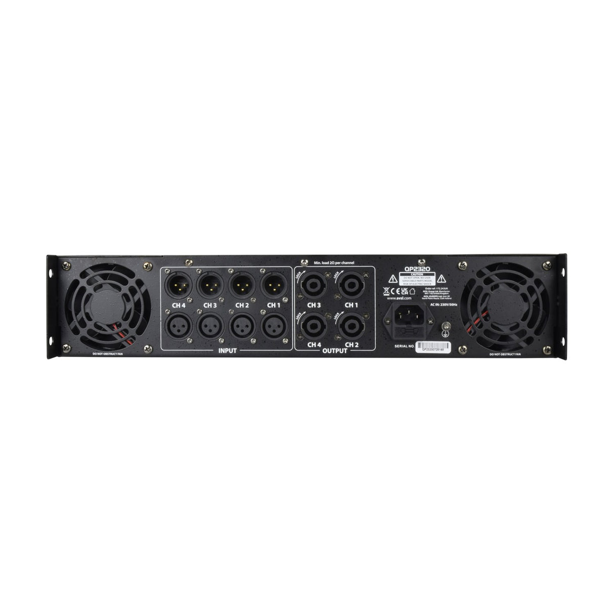 Rear panel of the AVSL Citronic QP2320 4-Channel Quad Power Amplifier showing XLR inputs, SPK outputs, IEC socket and dual cooling fans.