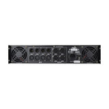 Rear panel of the AVSL Citronic QP2320 4-Channel Quad Power Amplifier showing XLR inputs, SPK outputs, IEC socket and dual cooling fans.