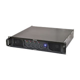 Citronic QP2320 4-channel quad power amplifier in a 2U black rack chassis with four gain knobs, status LEDs, illuminated power switch and side handles.