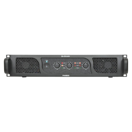 Front view of the Citronic P44800 Amplifier 2 x 400W + 800W Sub, showcasing three control knobs, a power switch, and indicator lights on a black panel with vented sides, perfect for bi-amplified sound systems.