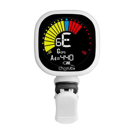 Cherub WST-675 LiPo rechargeable clip tuner in white with colour LCD showing note detection, tuning meter and A4 pitch reference on a plain background.