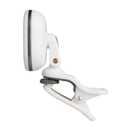 Side view of the Cherub WST-675 LiPo rechargeable clip tuner in white, showing the rotating display head and spring-loaded clamp on a plain background.