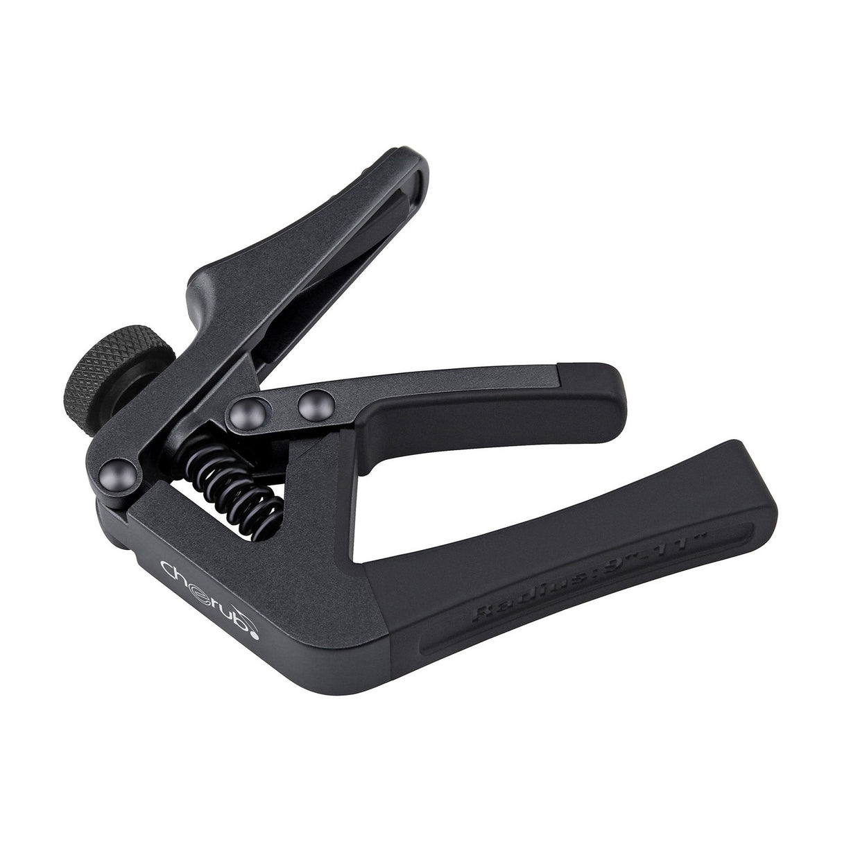 Cherub CGC-1 Gemini adjustable guitar capo in matte black with knurled tension wheel, exposed spring, and quick-release clamp on a white background.