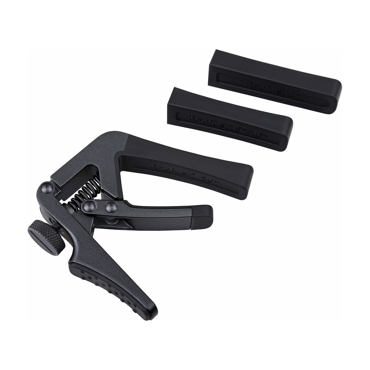Cherub CGC-1 Gemini adjustable guitar capo in matte black with tension wheel and quick-release trigger, shown with two spare radius clamp sleeves.