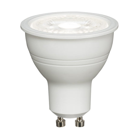 The 5W SMD GU10 Dimmable LED Bulb - 4000K features a smooth surface and a circular lens on top, showcasing its cool white light. The metallic two-prong base is visible at the bottom, designed for energy-efficient lighting. This dimmable bulb provides versatile brightness options suitable for any setting.