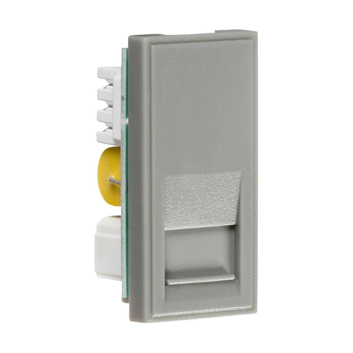 A gray, rectangular electrical component known as the Telephone Master Outlet Module 25 X 50mm (IDC) features a yellow circular element and white connectors on one side, similar to euro-module faceplates with a slightly textured surface, reminiscent of a Master BT outlet, set against a white background.