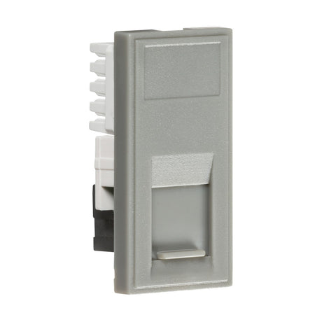 A UTP CAT6 RJ45 Outlet Module in gray, measuring 25 x 50mm, set against a white background. It features a broad rectangular surface with a small toggle at the bottom and functions as both an electrical switch and networking outlet, compatible with an RJ45 socket and equipped with a textured panel on the back.