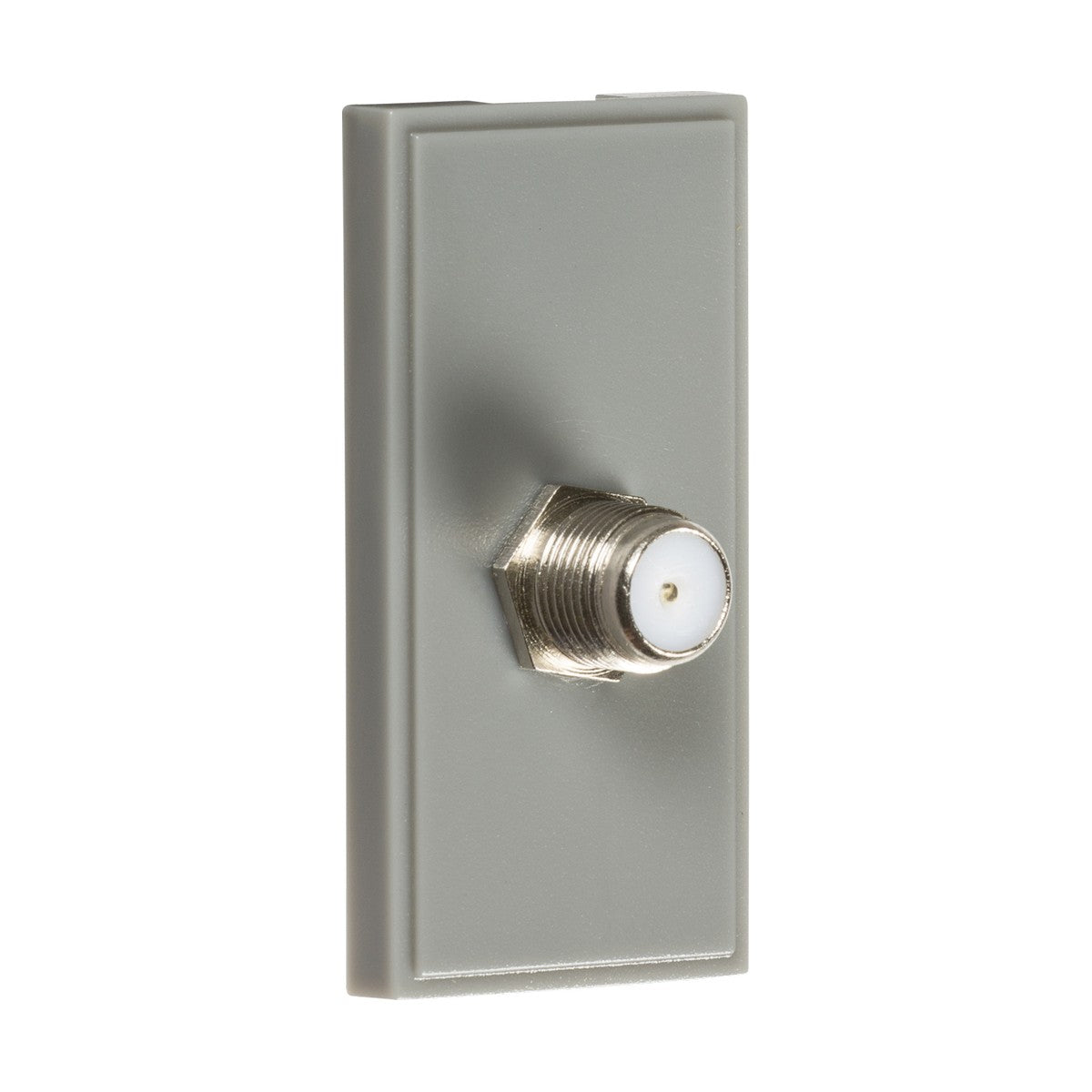 The SAT TV Outlet Module 25 x 50mm in gray, crafted with an ABS finish, is equipped with a central F-type connection, making it perfect for wall installations to support SAT TV or internet connections.