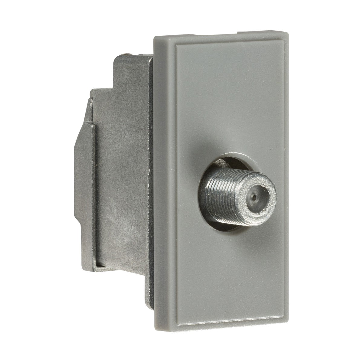 The Screened SAT TV Outlet Module 25 x 50mm in grey features a fully screened metal connector that protrudes from the center, specifically designed as a low-loss satellite outlet.