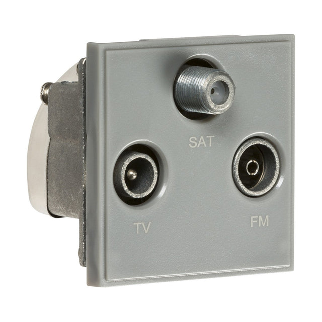 A Triplexed TV/FM DAB/SAT TV Outlet Module in gray, measuring 50 X 50mm, features three ports labeled as TV, SAT, and FM. This low loss electrical wall outlet has circular connectors for each function and is designed in a compact square shape, making it ideal for use as a Satellite TV aerial outlet or an FM DAB aerial outlet.