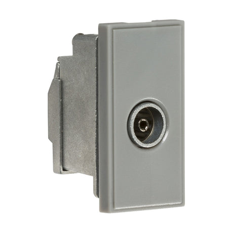 The Screened TV Outlet 25 x 50mm in grey is a rectangular wall plate with a coaxial aerial outlet featuring a low-loss connector centrally positioned, making it perfect for TV or internet connections. Its metallic side boasts a simple and minimalist design that adheres to EN 50083-2 standards.