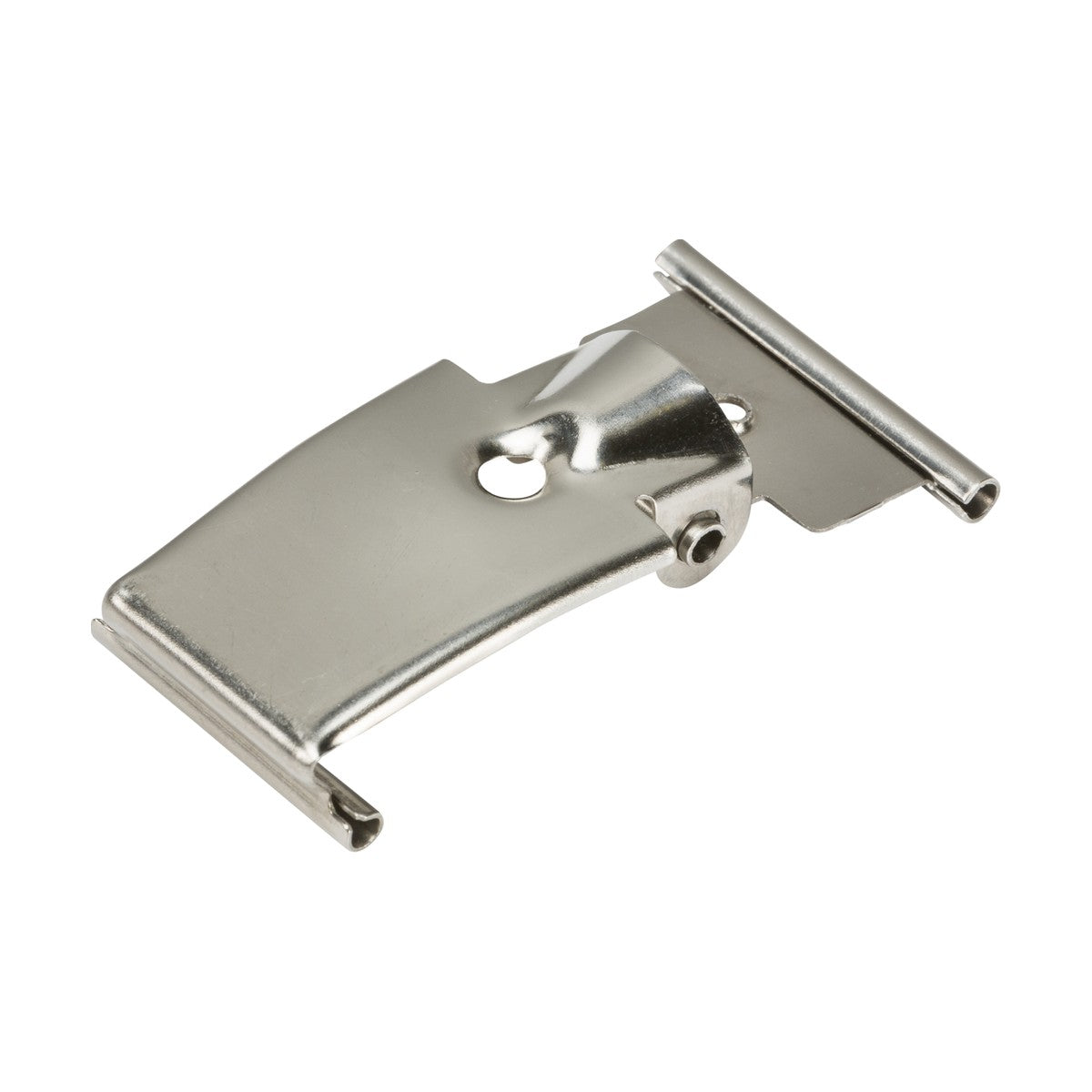 Close-up of a stainless steel clip from the "Stainless Steel Clips For Non-Corrosive Battens (20 Pack)," showcasing its hinged clasp and central hole, designed for secure fastening.