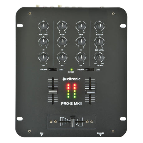 A top view of the Citronic Pro-2 MKII DJ Mixer 2-Channel in black showcases its high-quality faders, various knobs, sliders, and LED indicators for mic level, gain, and master volume. It features visible inputs for microphones and headphones along with a convenient headphone cue mix feature.