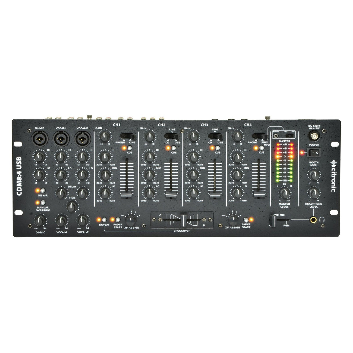 A close-up of the Citronic CDM8:4 USB 14-Input 19" Rack DJ Mixer showcases multiple channels, dials, sliders, and input ports. LED indicators and various control buttons are distributed across the sleek black panel. The crossfader seamlessly blends tracks while USB playback ensures versatile performance options.