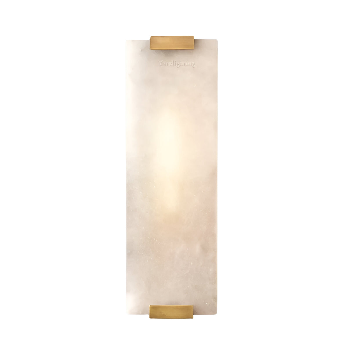 The Virelux LED Faceted Stone Alabaster Wall Light features a rectangular frosted glass shade, softly illuminated, with two brass brackets at the top and bottom, finished in soft white against a white background.