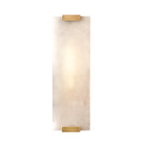 The Virelux LED Faceted Stone Alabaster Wall Light features a rectangular frosted glass shade, softly illuminated, with two brass brackets at the top and bottom, finished in soft white against a white background.