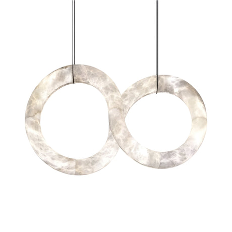 The Serava LED Alabaster Loop Suspension Light – Soft White features two intertwined Spanish alabaster rings, crafted from translucent marble-like material and suspended by thin black cables against a white background.