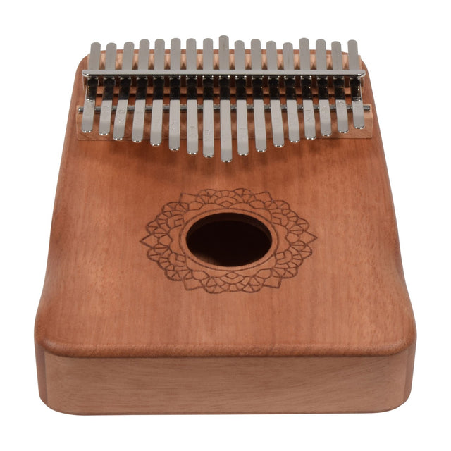 Chord KALIMBA-O17C 17-key thumb piano with carved okoume wood body, metal tines, and decorative rosette sound hole, shown on a white background.