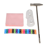 Chord KALIMBA-O17C thumb piano accessories: tuning hammer, pink polishing cloth, clear thimbles, and coloured note label sticker on white background.